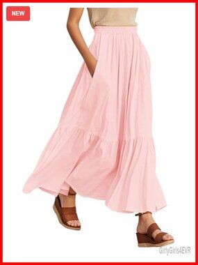 Boho Maxi Skirt Elastic Waist Flowy A-Line with Pockets